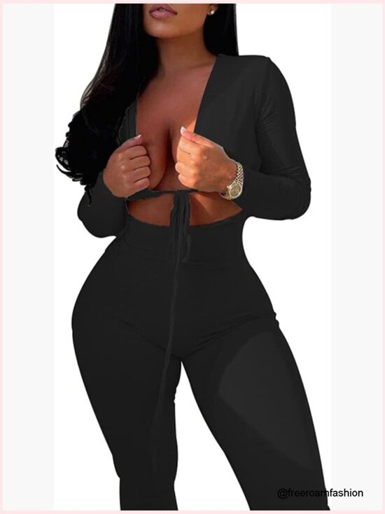 Pants - Women's Sexy Cut Out Bodycon Jumpsuit Lace Up Front V Neck One Piece Outfit